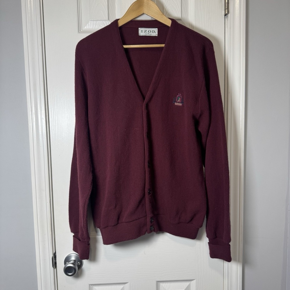 Izod Vintage Cardigan Sweater Mens Medium Maroon Knit V Neck Acrylic Made In USA